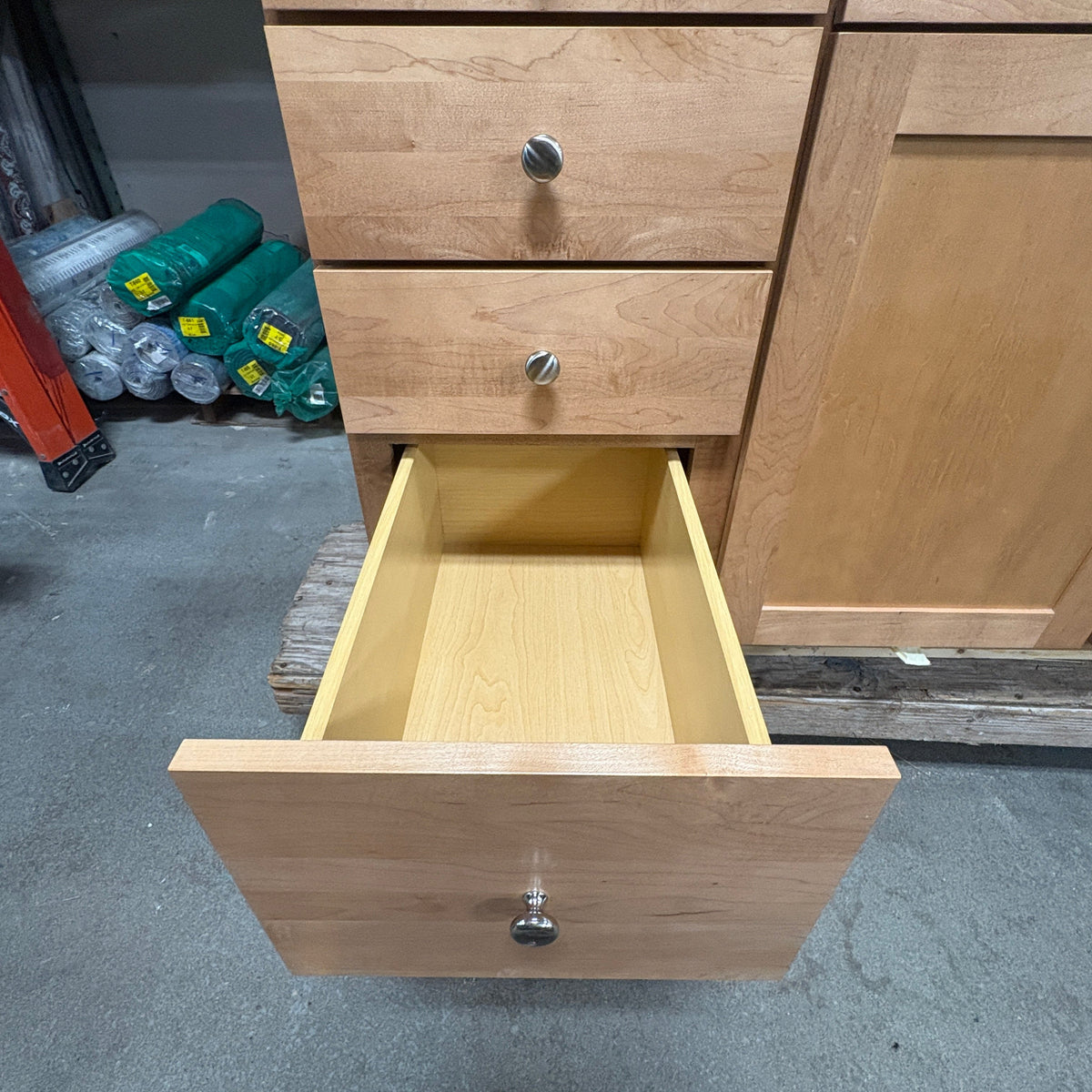 49 in Maple Vanity Set - lower drawer open showing the full depth of the box