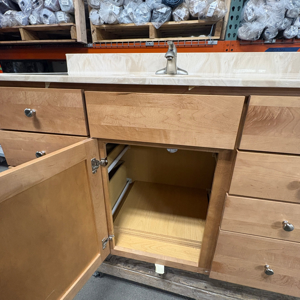 49 in Maple Vanity Set - centre cabinet door open showing the empty interior