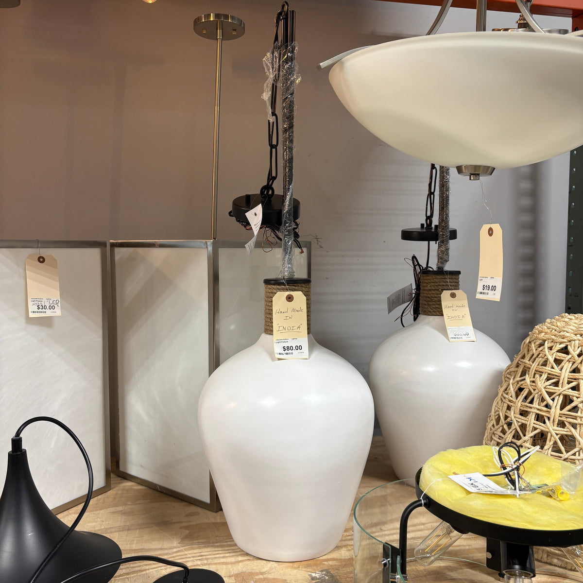 GDM Habitat for Humanity ReStore Capital Lighting White Ceramic Jug Pendant, Jute-Wrapped Neck