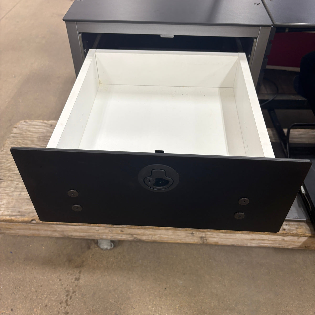 Mobile Desk and Chair Set - pedestal drawer pulled open showing the white interior