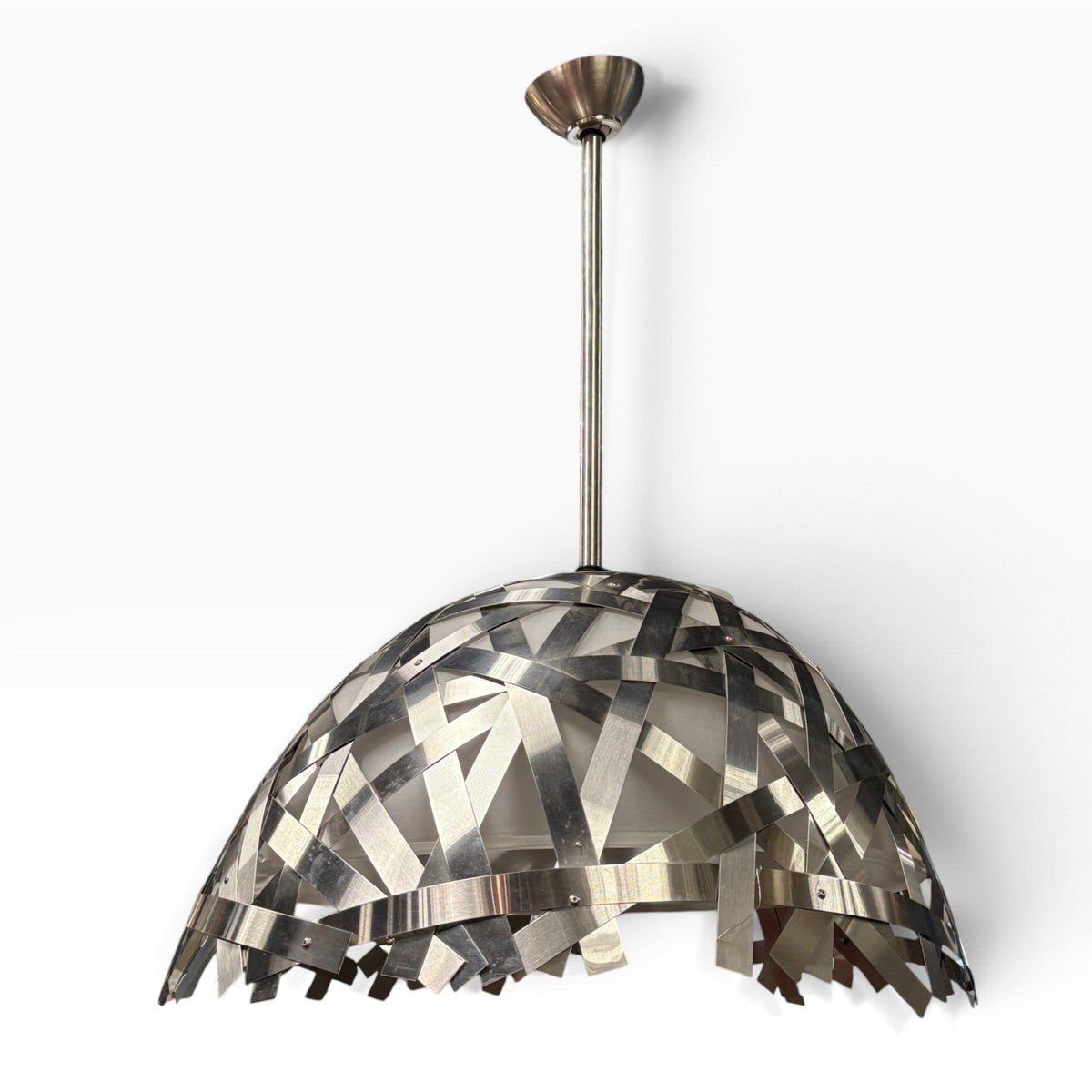 Brushed Nickel Woven Metal Strap Dome Pendant Light with Frosted Glass Diffuser