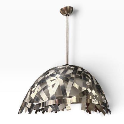 Brushed Nickel Woven Metal Strap Dome Pendant Light with Frosted Glass Diffuser