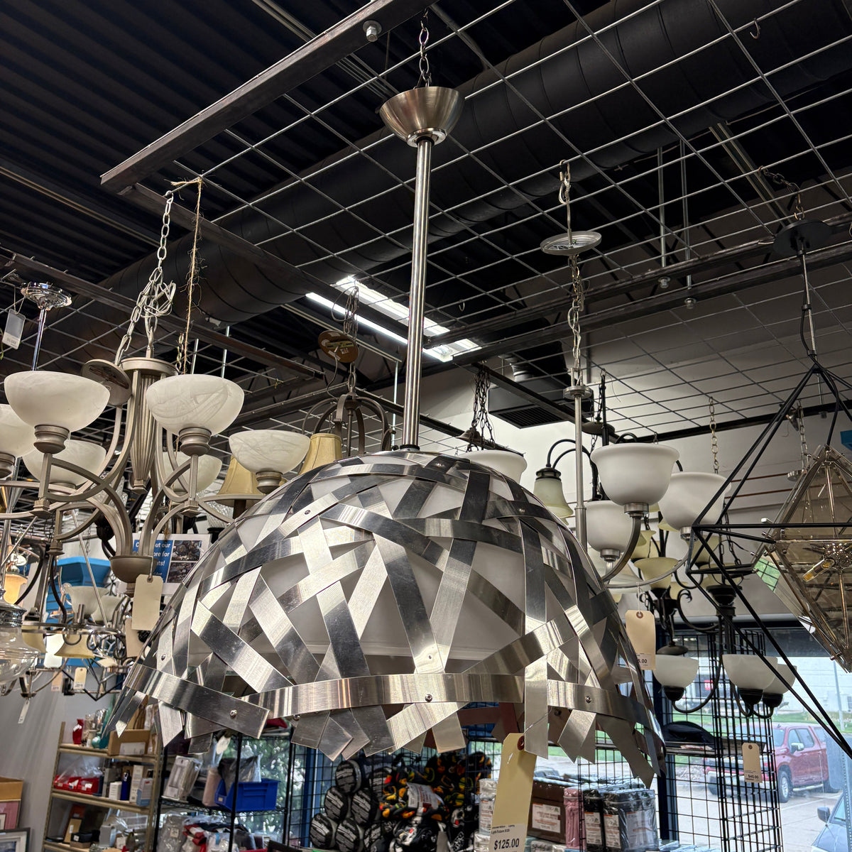 Brushed Nickel Woven Metal Strap Dome Pendant Light with Frosted Glass Diffuser