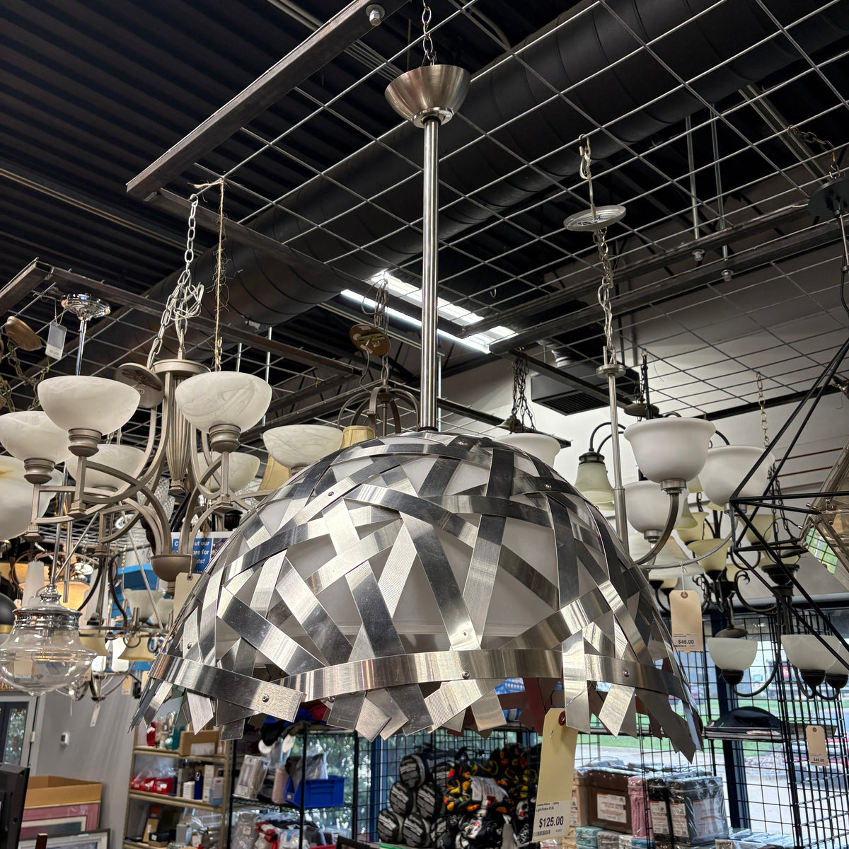 Brushed Nickel Woven Metal Strap Dome Pendant Light with Frosted Glass Diffuser