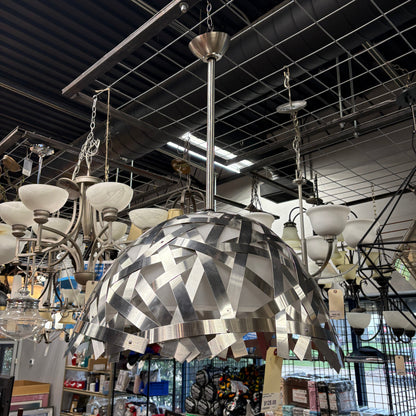 Brushed Nickel Woven Metal Strap Dome Pendant Light with Frosted Glass Diffuser