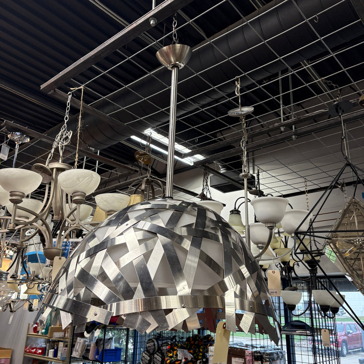 Brushed Nickel Woven Metal Strap Dome Pendant Light with Frosted Glass Diffuser