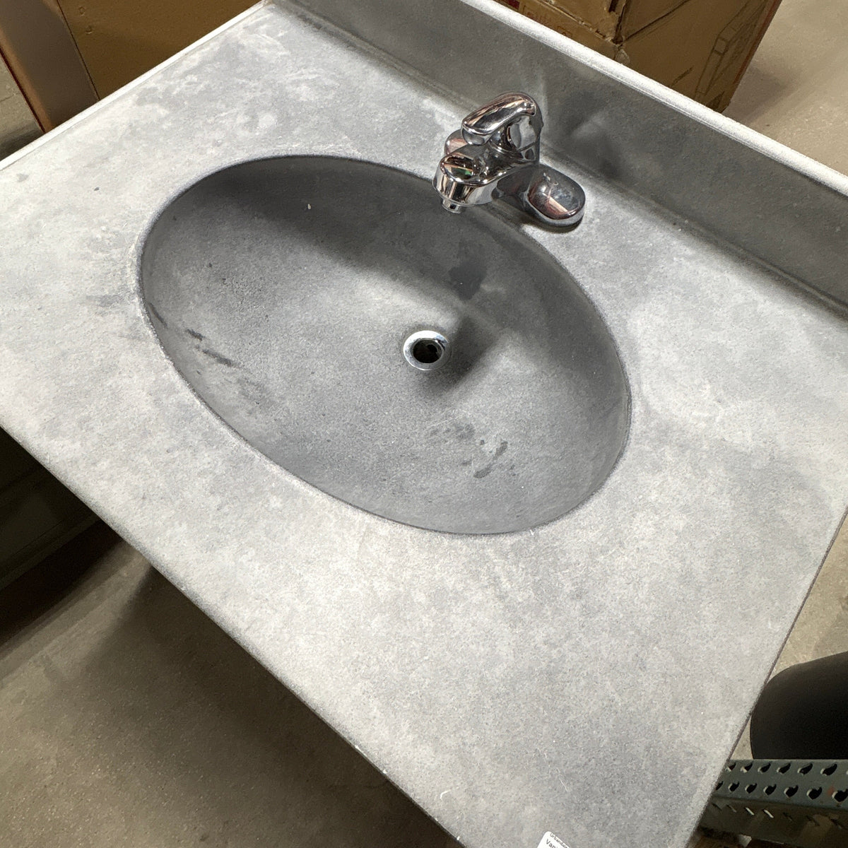 31 in grey cultured marble vanity top with integral oval bowl and chrome faucet, included with this 30 in espresso vanity base