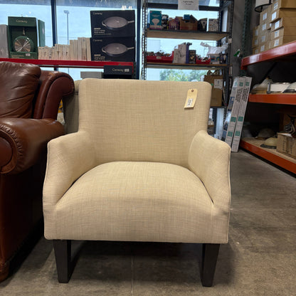 Beige Linen-Look Upholstered Accent Arm Chair with Espresso Wood Legs