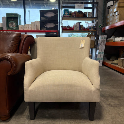 Beige Linen-Look Upholstered Accent Arm Chair with Espresso Wood Legs