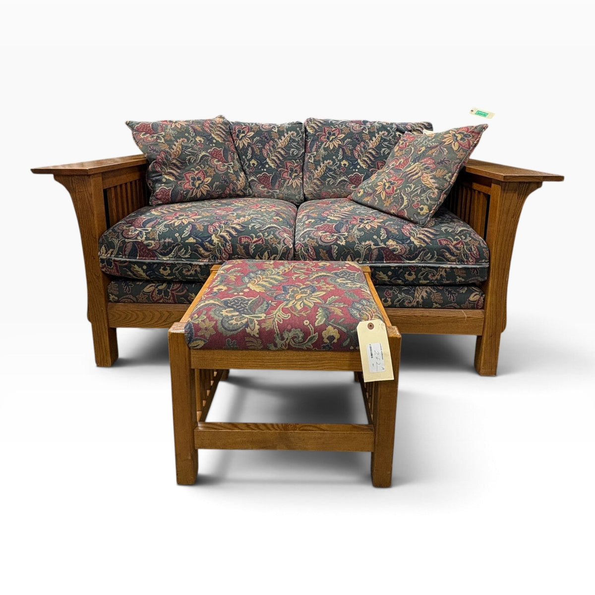 Mission-Style Oak Frame Loveseat with Matching Ottoman, Green and Burgundy Floral Tapestry