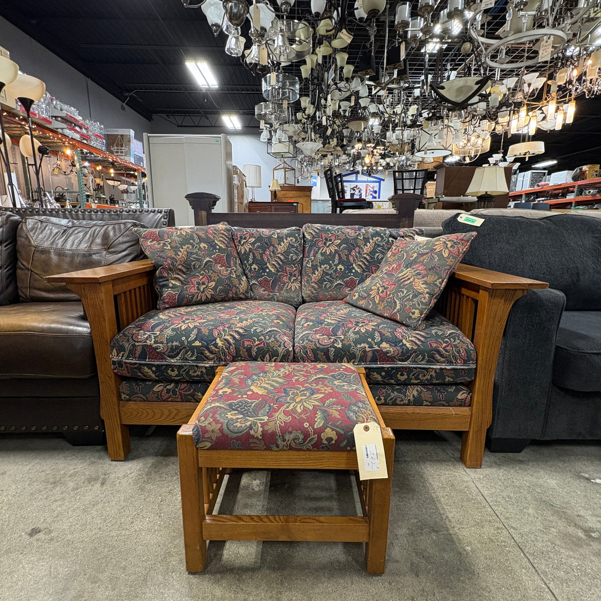 Mission-Style Oak Frame Loveseat with Matching Ottoman, Green and Burgundy Floral Tapestry