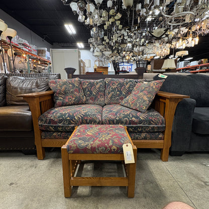 Mission-Style Oak Frame Loveseat with Matching Ottoman, Green and Burgundy Floral Tapestry