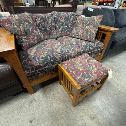 Mission-Style Oak Frame Loveseat with Matching Ottoman, Green and Burgundy Floral Tapestry