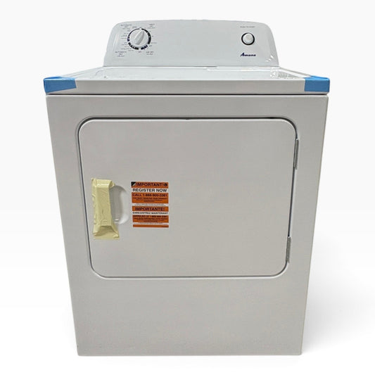 GDM Habitat for Humanity ReStore white Amana electric dryer with a single dial and protective console film