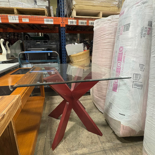 Red X Base Table W/ Glass Top