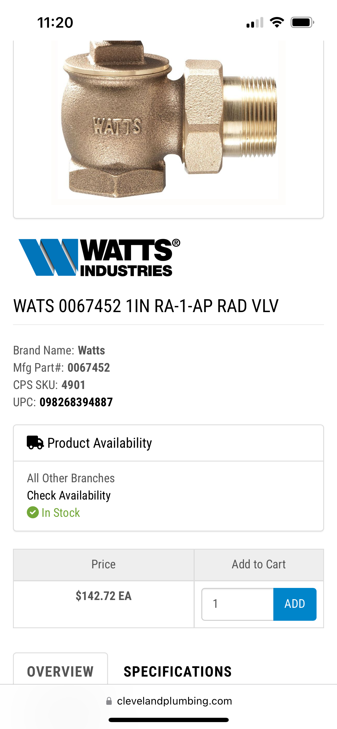 Watts 1" Radiator Valve true