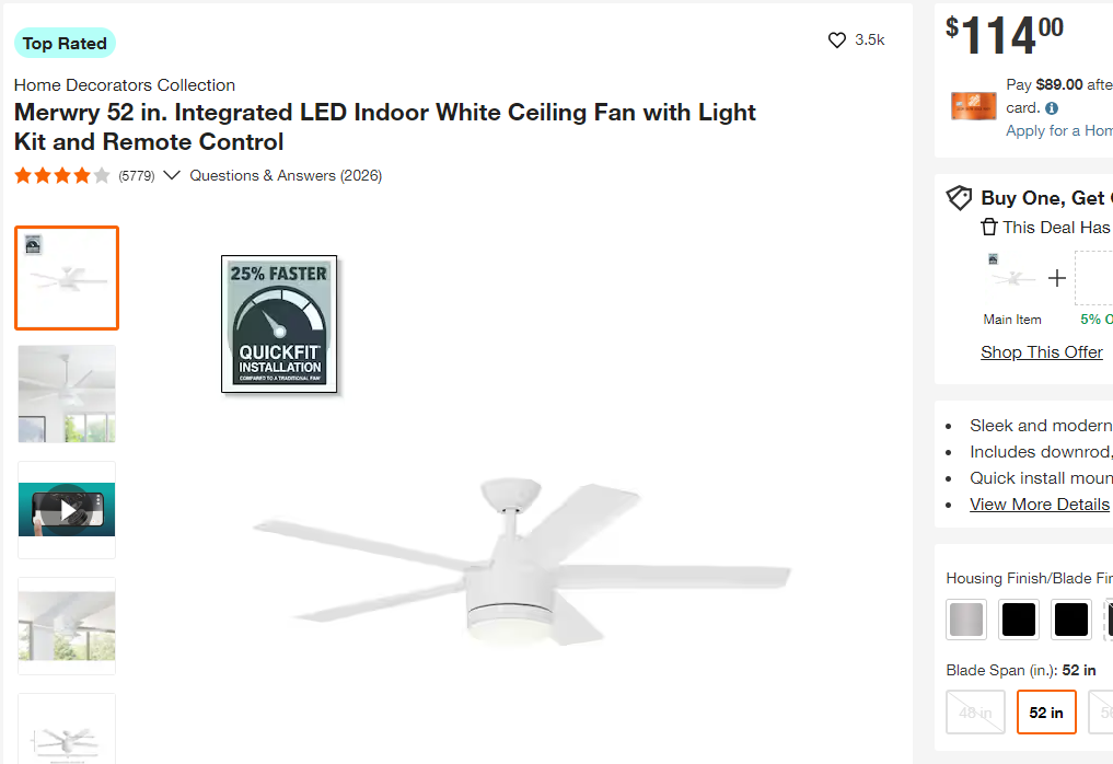 52" LED Indoor Ceiling Fan