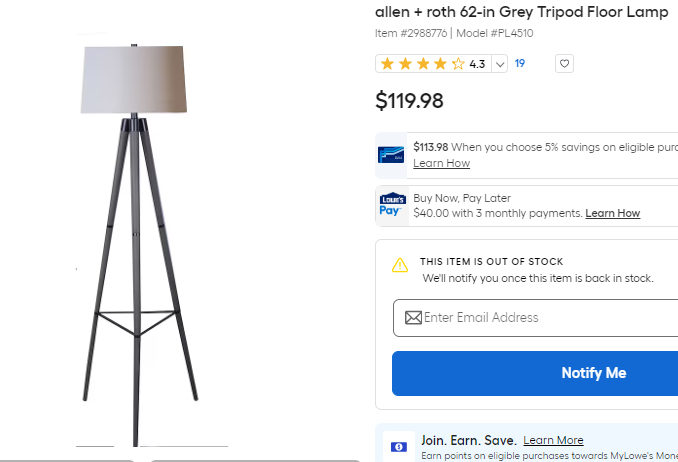 allen+roth Grey Tripod Lamp