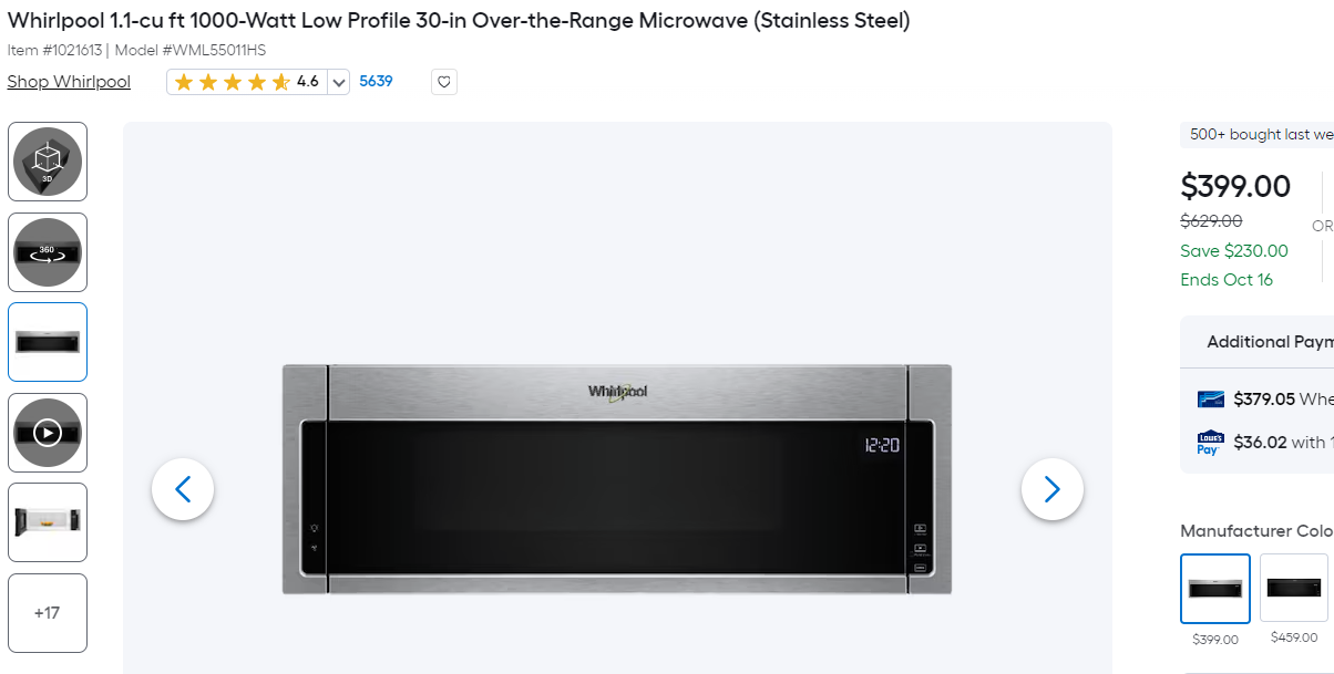 Whirlpool OTR Microwave