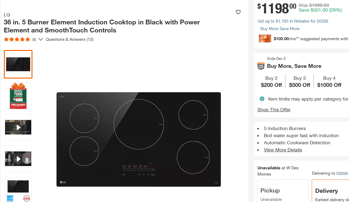 LG 36" Induction Cooktop