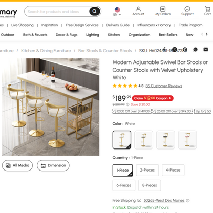 White Velvet Swivel Bar Stool