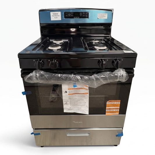 GDM Habitat for Humanity ReStore Amana gas range in black with stainless steel lower panel and four sealed burners.