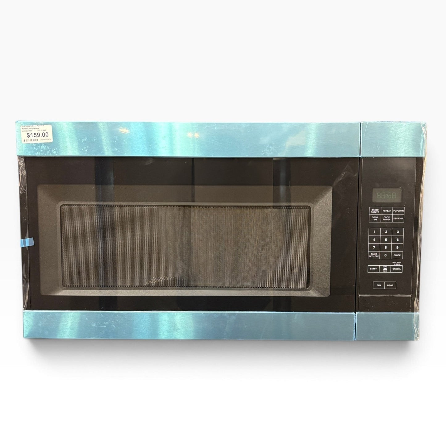 GDM Habitat for Humanity ReStore Amana over-the-range microwave with a sleek black finish and stainless steel trim.
