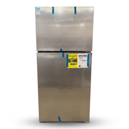 GDM Habitat for Humanity ReStore Amana top freezer refrigerator in stainless steel finish with energy guide label