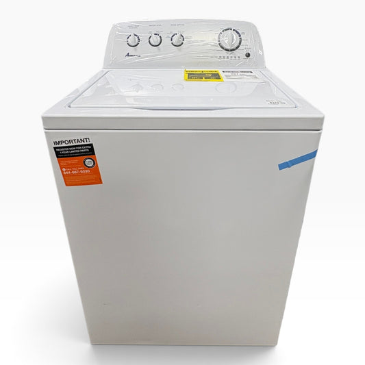 GDM Habitat for Humanity ReStore white Amana top-load washer with dial controls and protective console film