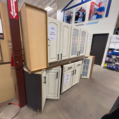 GDM Habitat for Humanity ReStore 6 piece antique white kitchen cabinet set with glass panel doors and black handles