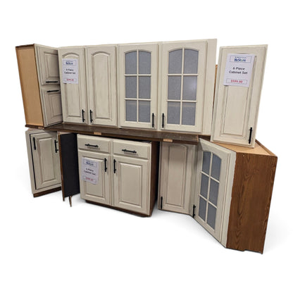 GDM Habitat for Humanity ReStore 6 piece antique white kitchen cabinet set with glass panel doors and black hardware