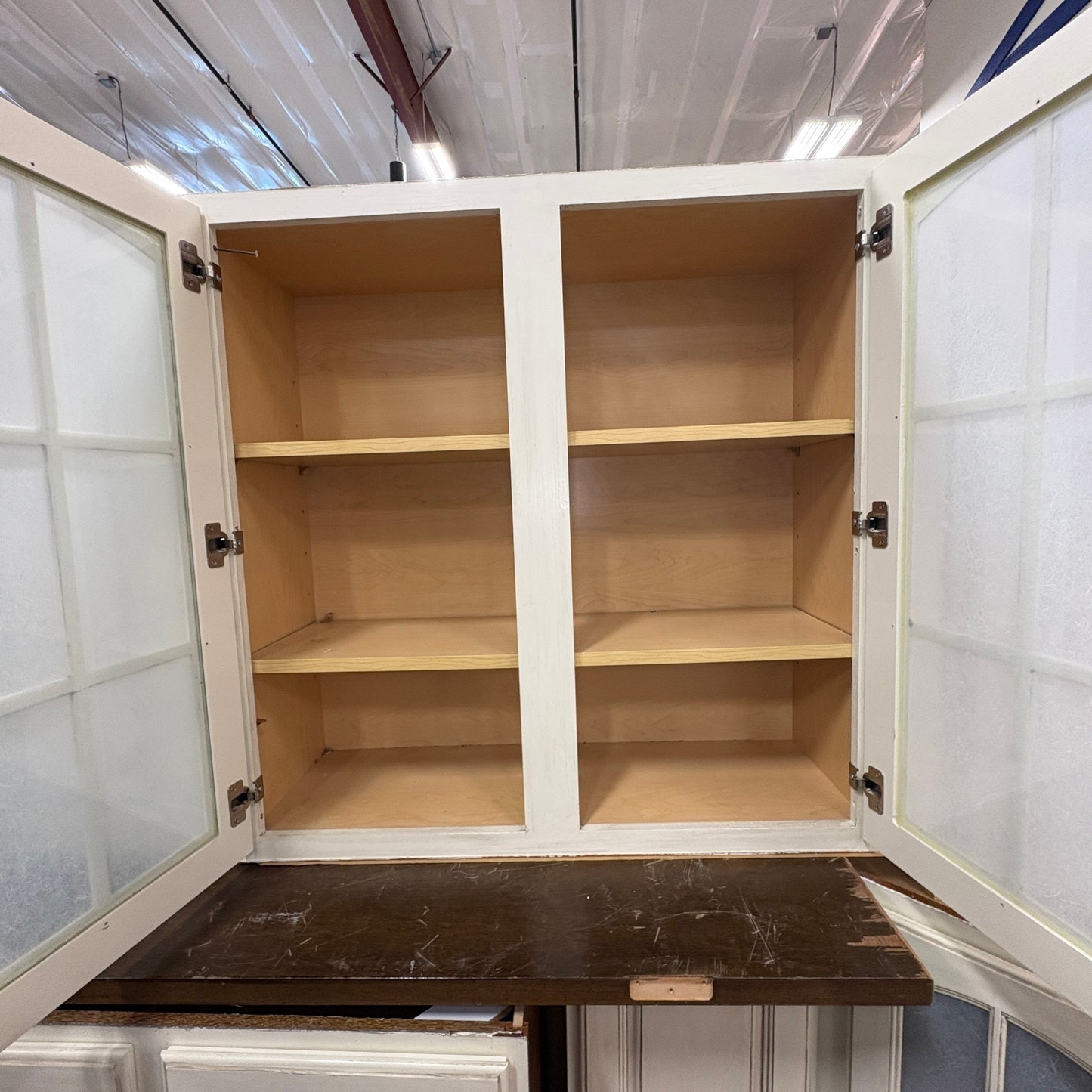 GDM Habitat for Humanity ReStore antique white kitchen cabinet with glass pane doors and open wooden shelving