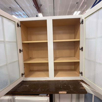 GDM Habitat for Humanity ReStore antique white kitchen cabinet with glass pane doors and open wooden shelving