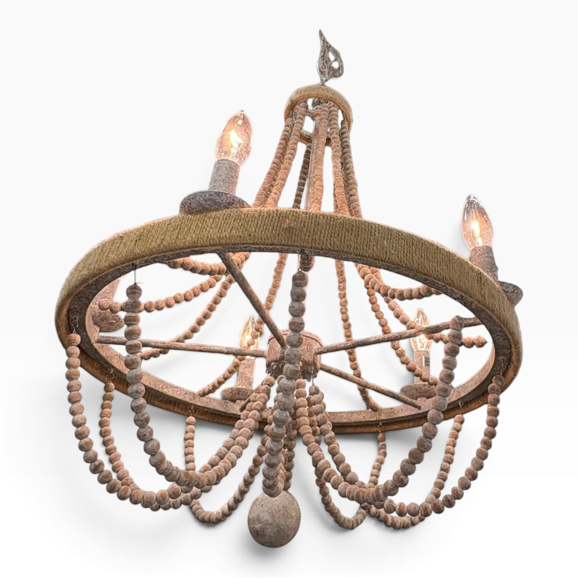 GDM Habitat for Humanity ReStore rustic chandelier with draped wooden beads and a natural jute wrapped frame