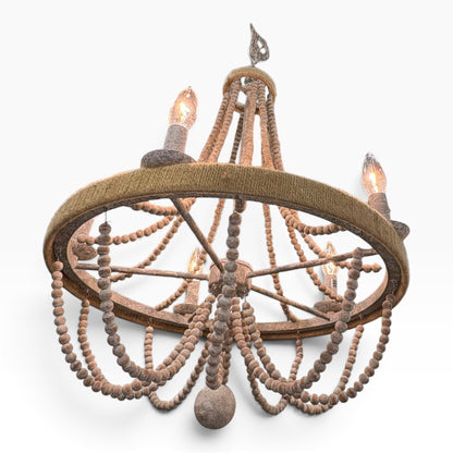GDM Habitat for Humanity ReStore rustic chandelier with draped wooden beads and a natural jute wrapped frame
