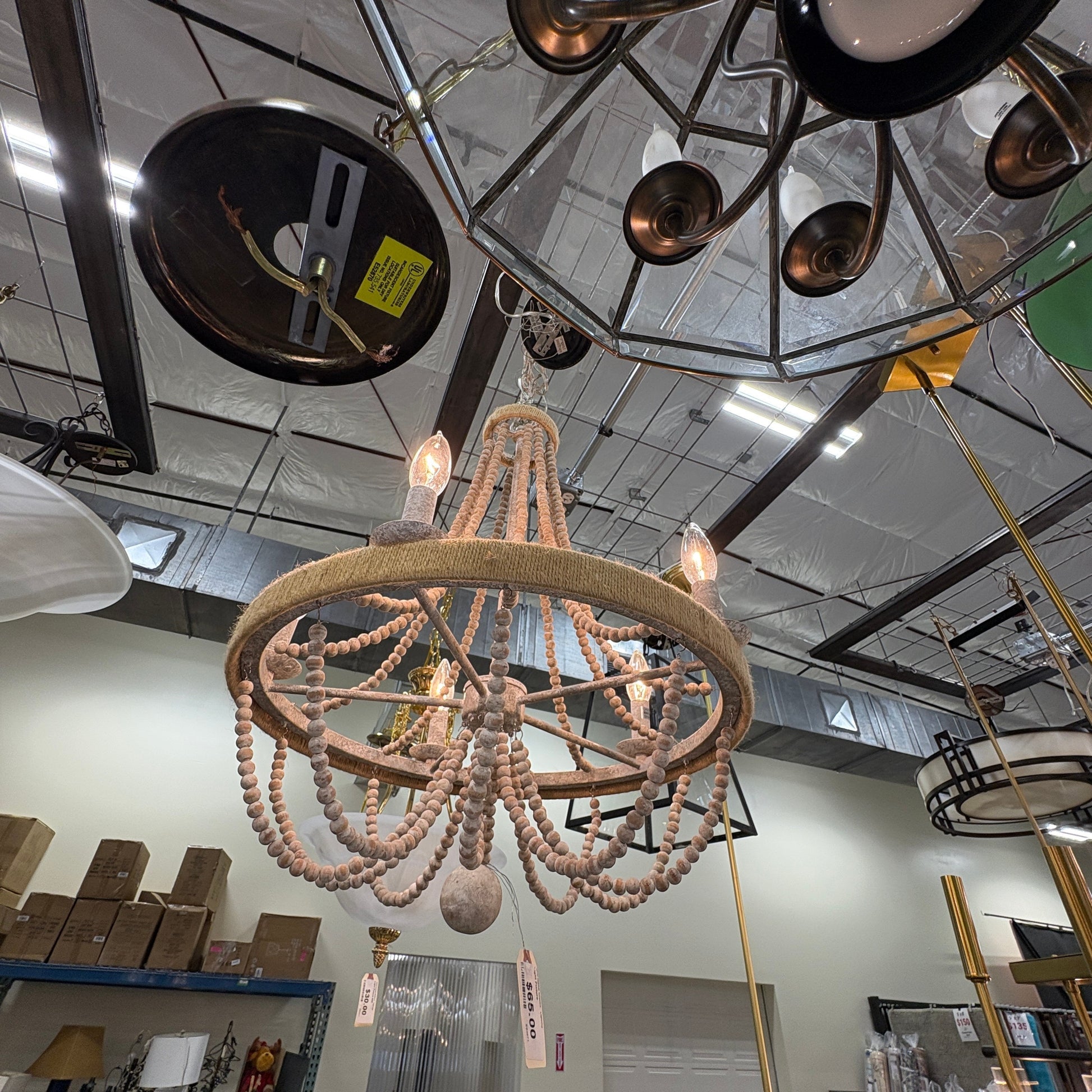 GDM Habitat for Humanity ReStore farmhouse chandelier with wooden beads and a natural rope-wrapped circular frame