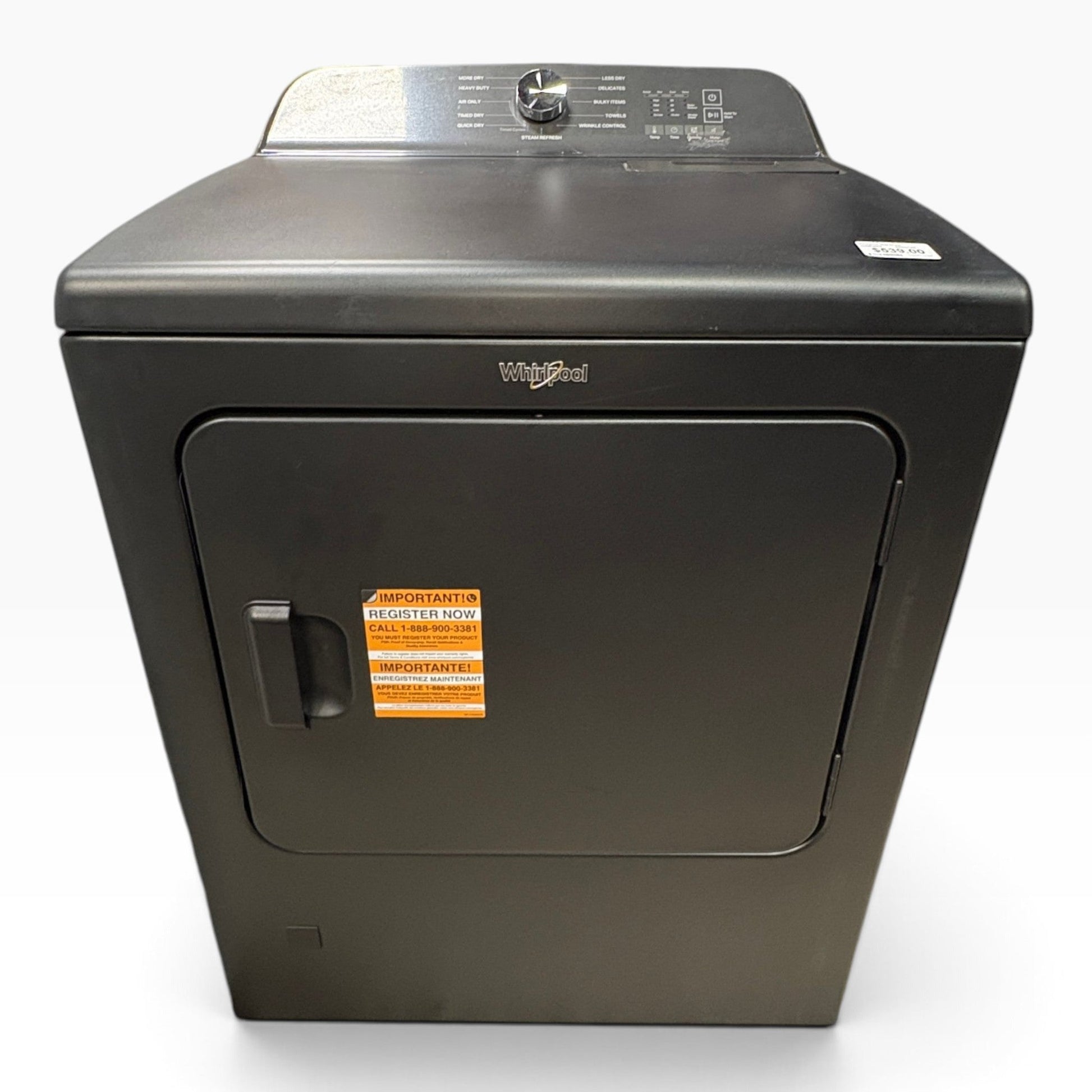 GDM Habitat for Humanity ReStore Whirlpool gas dryer in a sleek black finish with top-mounted control panel.