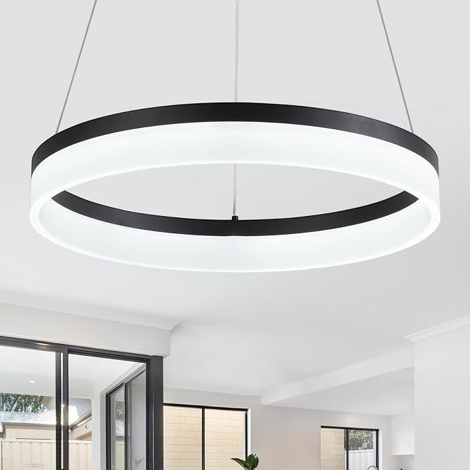 GDM Habitat for Humanity ReStore modern circular LED pendant light with a sleek black frame and white diffuser