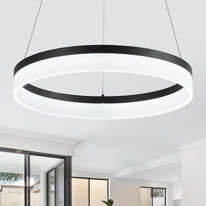 GDM Habitat for Humanity ReStore modern circular LED pendant light with a sleek black frame and white diffuser