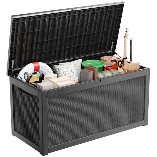 GDM Habitat for Humanity ReStore outdoor storage deck box in black with a woven texture and open lid filled with items