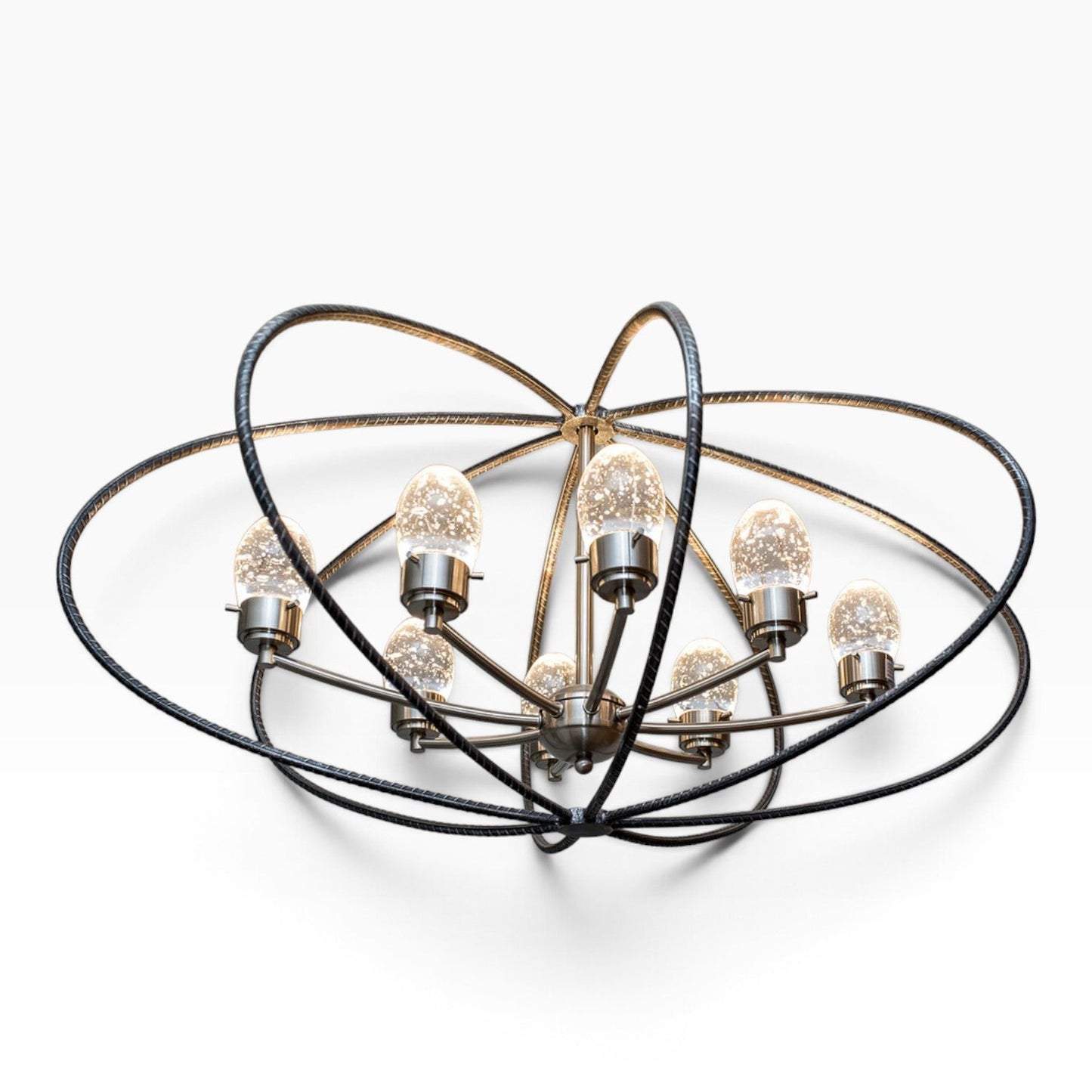 GDM Habitat for Humanity ReStore black rebar orb chandelier with eight seeded glass globe bulbs in a modern design