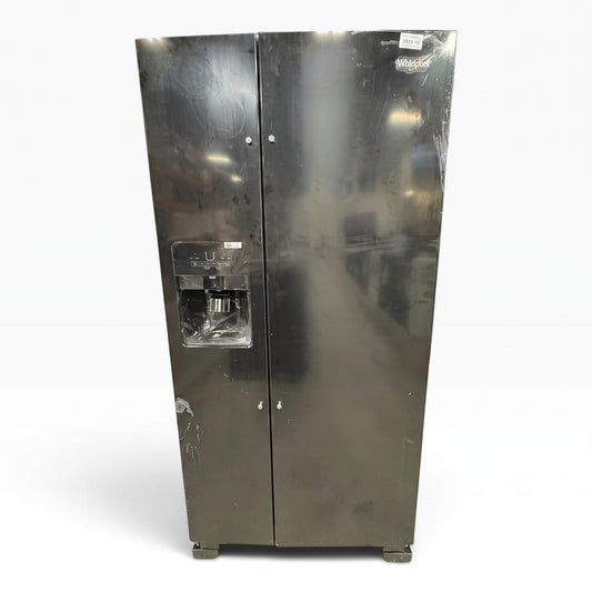 GDM Habitat for Humanity ReStore black Whirlpool side-by-side refrigerator with exterior ice and water dispenser