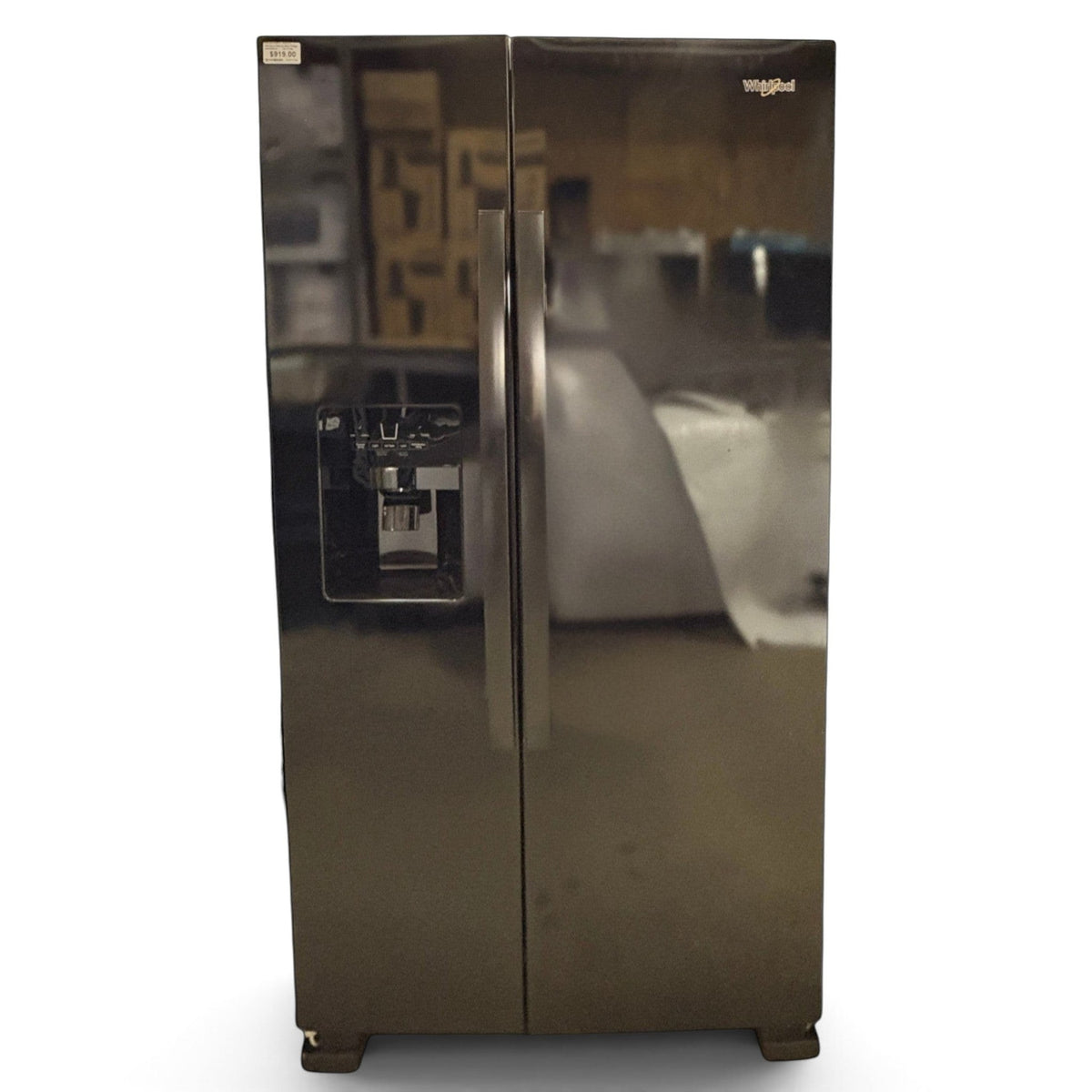 GDM Habitat for Humanity ReStore Whirlpool black side-by-side refrigerator with exterior ice and water dispenser