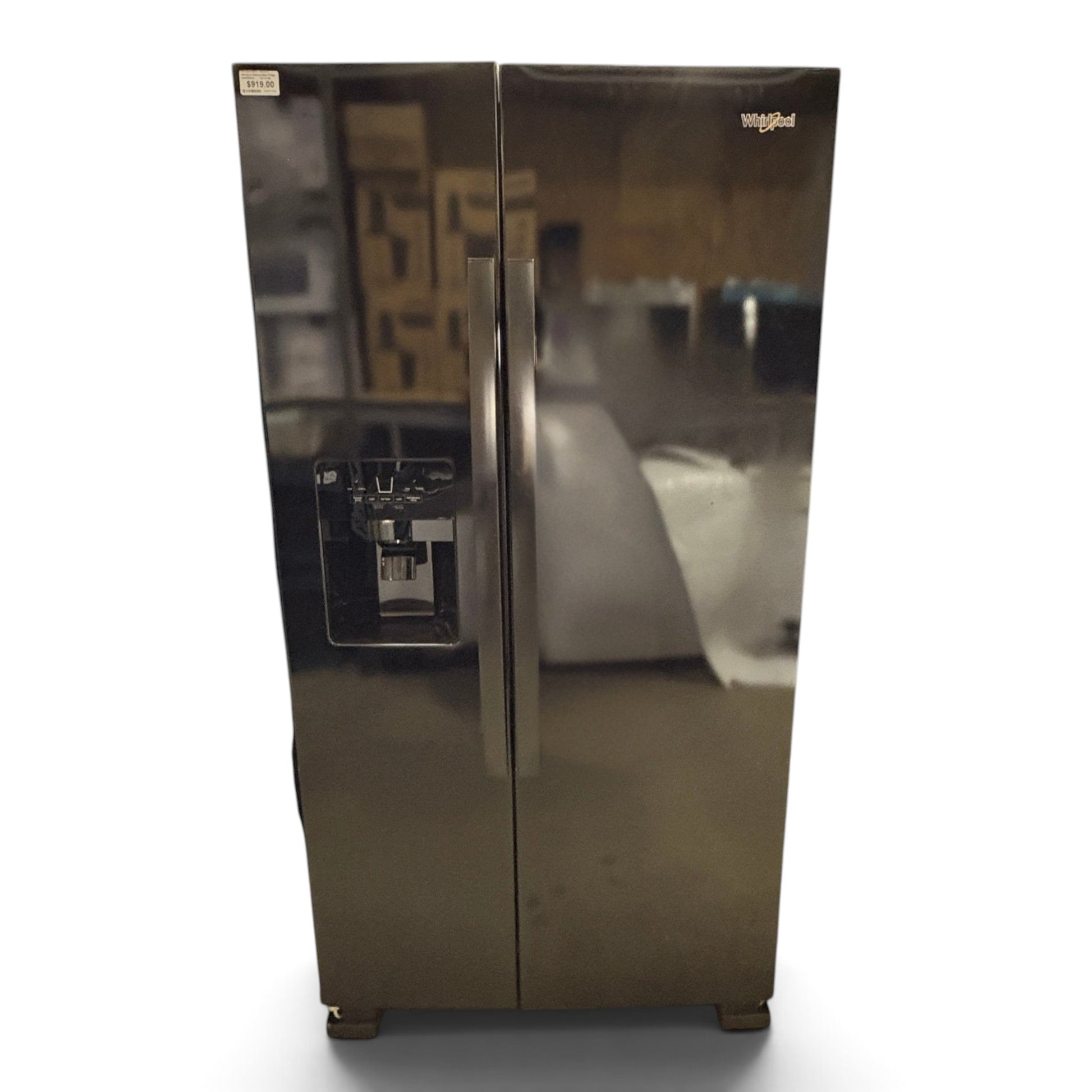 GDM Habitat for Humanity ReStore Whirlpool side-by-side refrigerator in black with a front water and ice dispenser.