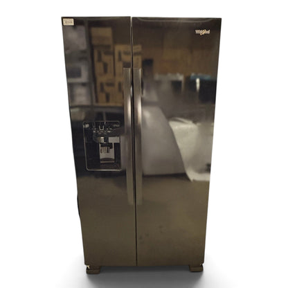 GDM Habitat for Humanity ReStore Whirlpool side-by-side refrigerator in black with a front water and ice dispenser.