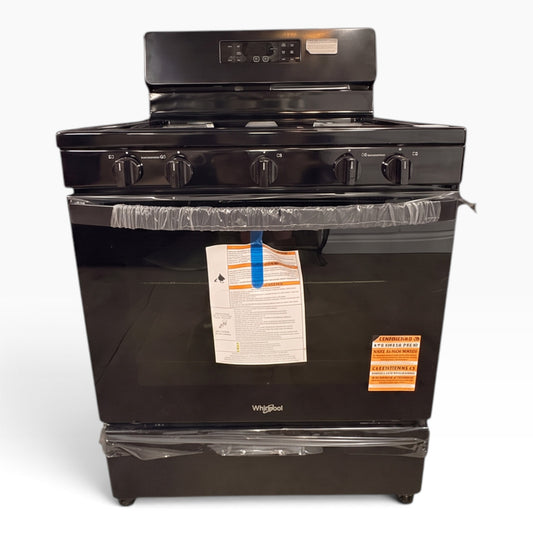 GDM Habitat for Humanity ReStore new black Whirlpool 5-burner gas range with protective plastic on the oven handle
