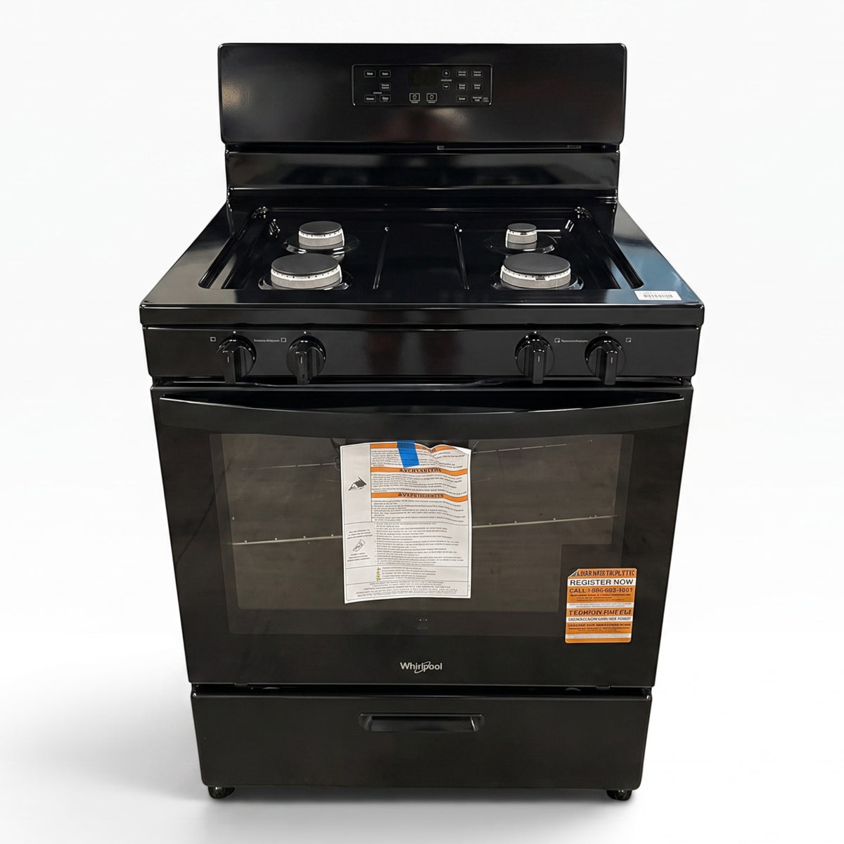 GDM Habitat for Humanity ReStore black Whirlpool gas range with four burners and electronic touch controls