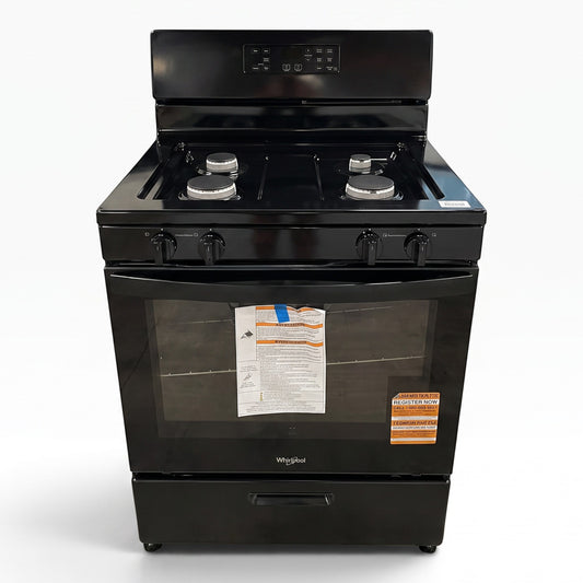 GDM Habitat for Humanity ReStore black Whirlpool gas range with four burners and electronic touch controls