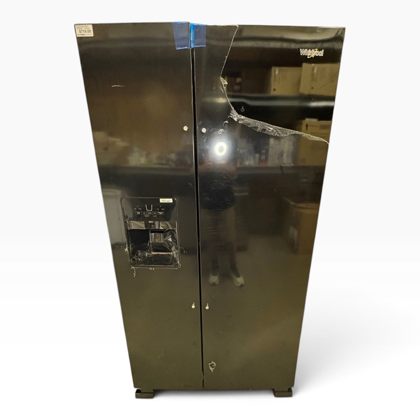 GDM Habitat for Humanity ReStore black Whirlpool side-by-side refrigerator with water and ice dispenser