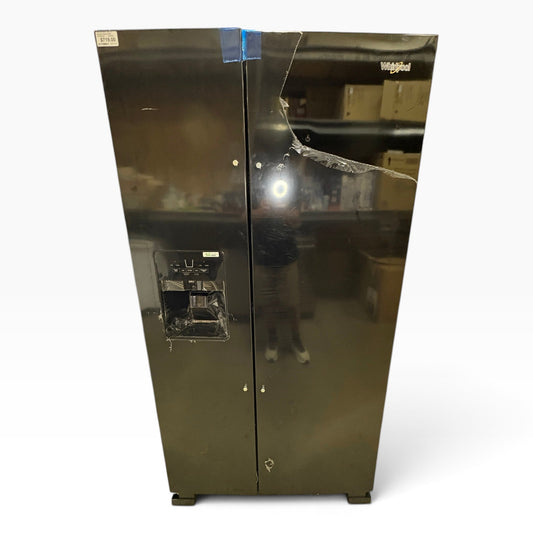 GDM Habitat for Humanity ReStore black Whirlpool side-by-side refrigerator with water and ice dispenser
